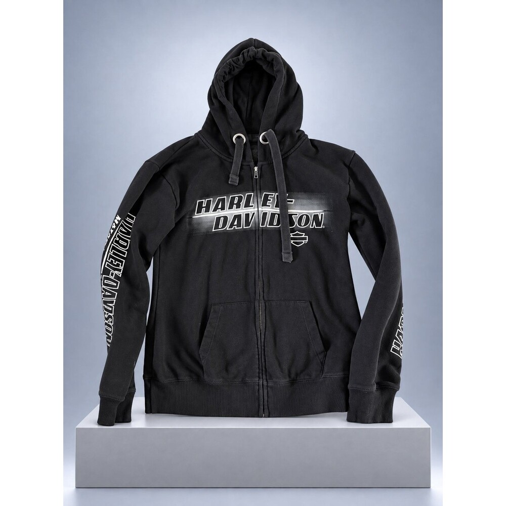 Harley-Davidson Biker Full Zip Hoodie Sweatshirt 2000s Mens S Black Long Sleeve